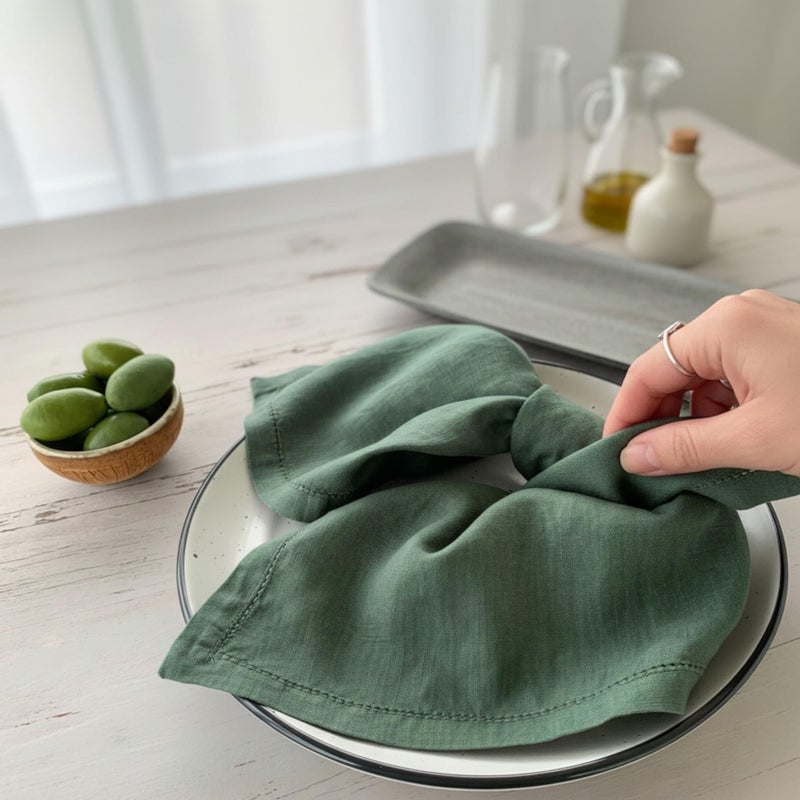 Eight Owls Hemstitched Linen Napkins â€“ 20 Inch x 20 Inch â€“ Stonewashed Pure Linen Cloth Dinner Napkins with Mitered Corners - 100% French Flax â€“ Machine Washable - Set of 4 (Soft Rustic Green) - Image 5